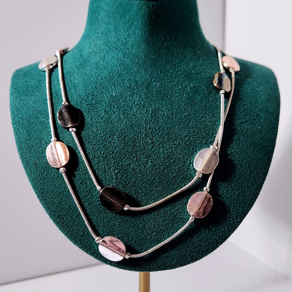 Two Strand Tri-Tone Metallic Disc Snake Chain Layered Necklace Silver Rose‎ Gold